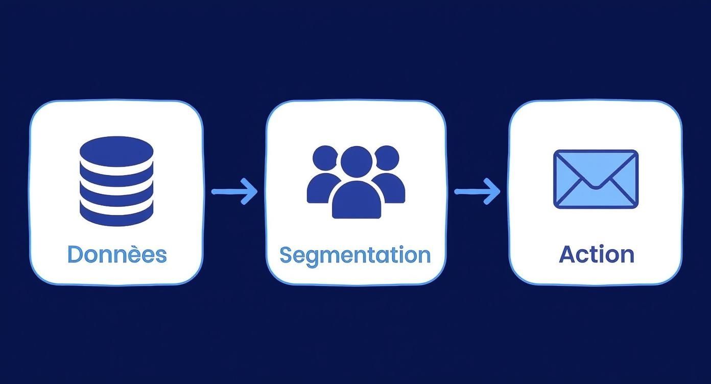 Infographie illustrant le processus en 3 étapes du suivi client : Données, Segmentation, Action