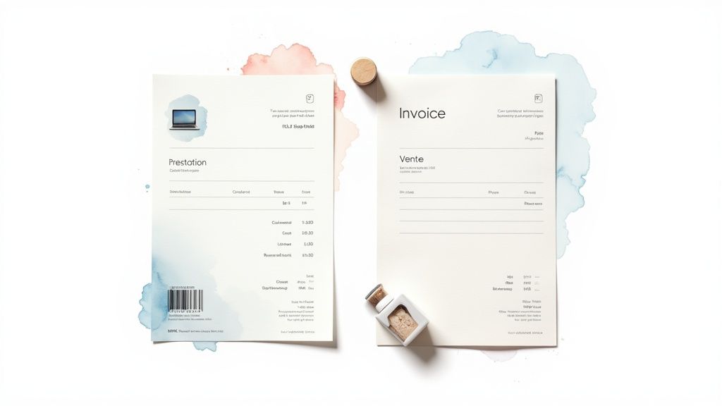 Deux exemples de factures, l'une pour une prestation de service et l'autre pour une vente de produits, mises côte à côte.
