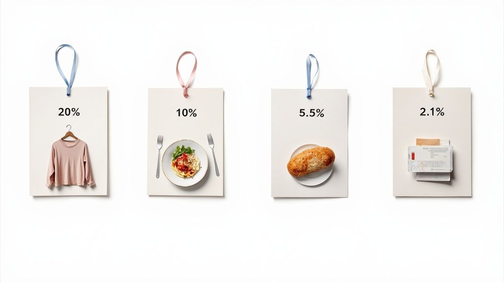 Un employé de magasin triant des produits avec des étiquettes de prix, illustrant les différents taux de TVA.