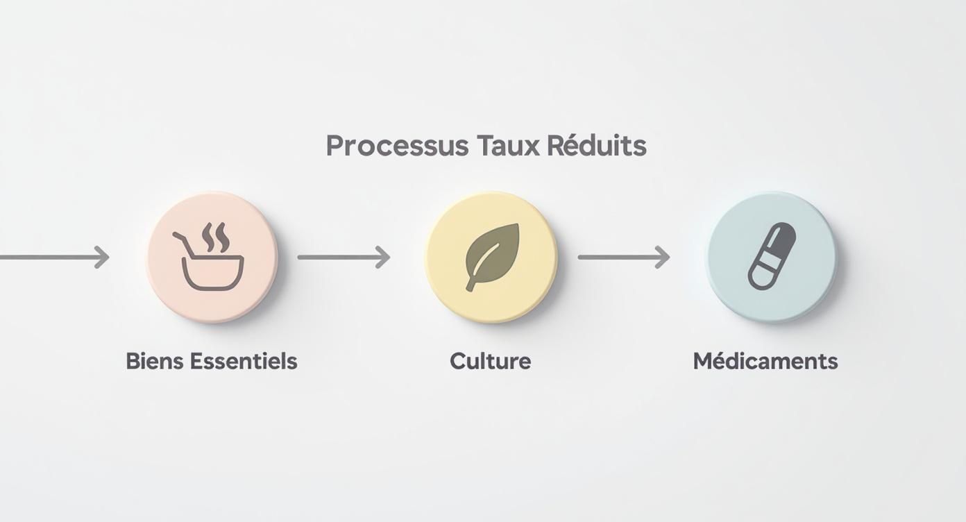 Infographie illustrant le processus d'application des taux de TVA réduits pour les biens essentiels, la culture et les médicaments.