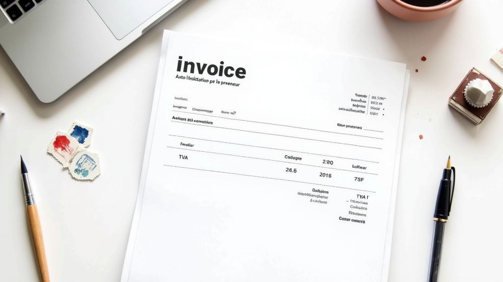 Une personne examine attentivement une facture sur un bureau bien rangé, symbolisant la conformité.