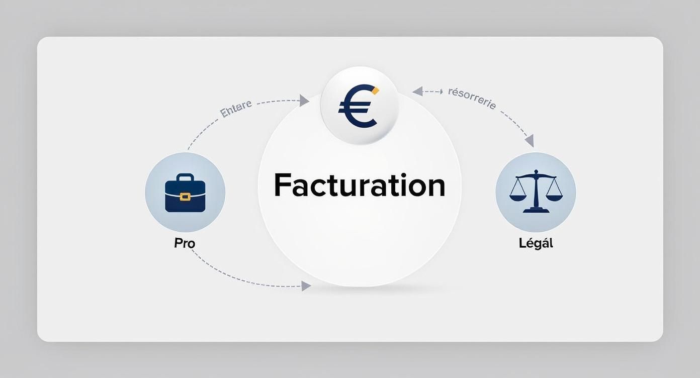 Infographie illustrant les trois piliers de la facturation : professionnalisme, trésorerie et conformité légale.