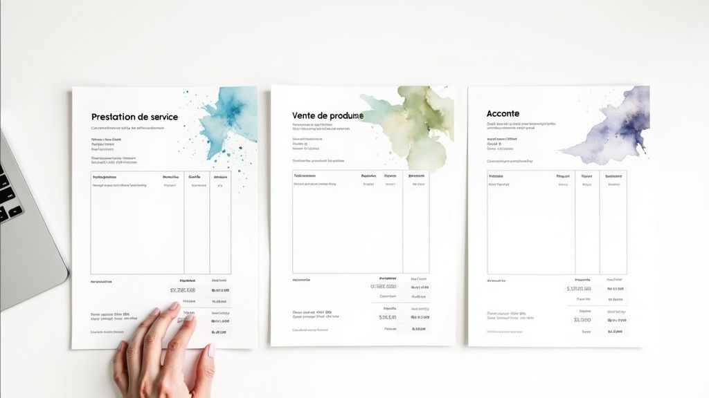 Un exemple de facture pour auto-entrepreneur affichant clairement les mentions obligatoires comme les coordonnées, le numéro de facture, les détails de la prestation et le total à payer.