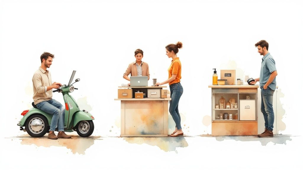 Artisan consultant des options bancaires sur une tablette dans son atelier