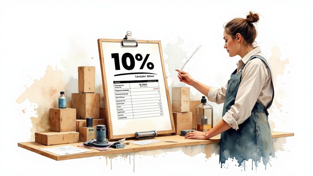 Une calculatrice posée sur des documents financiers à côté d'étiquettes de prix, symbolisant la fixation des tarifs grâce au calcul de marge.