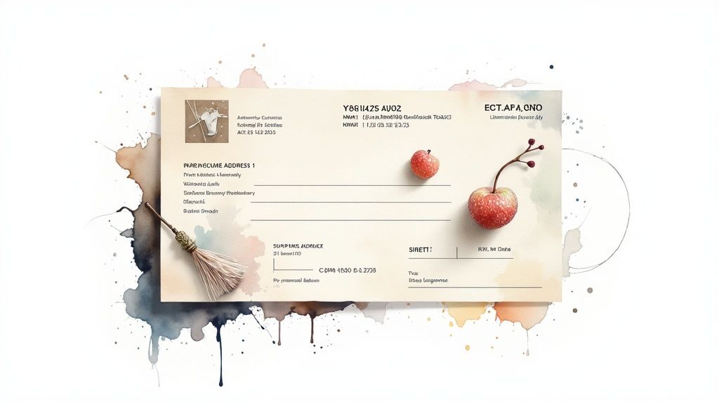 Modèle de reçu de paiement créatif avec des cerises, des éclaboussures d'aquarelle et un pompon décoratif