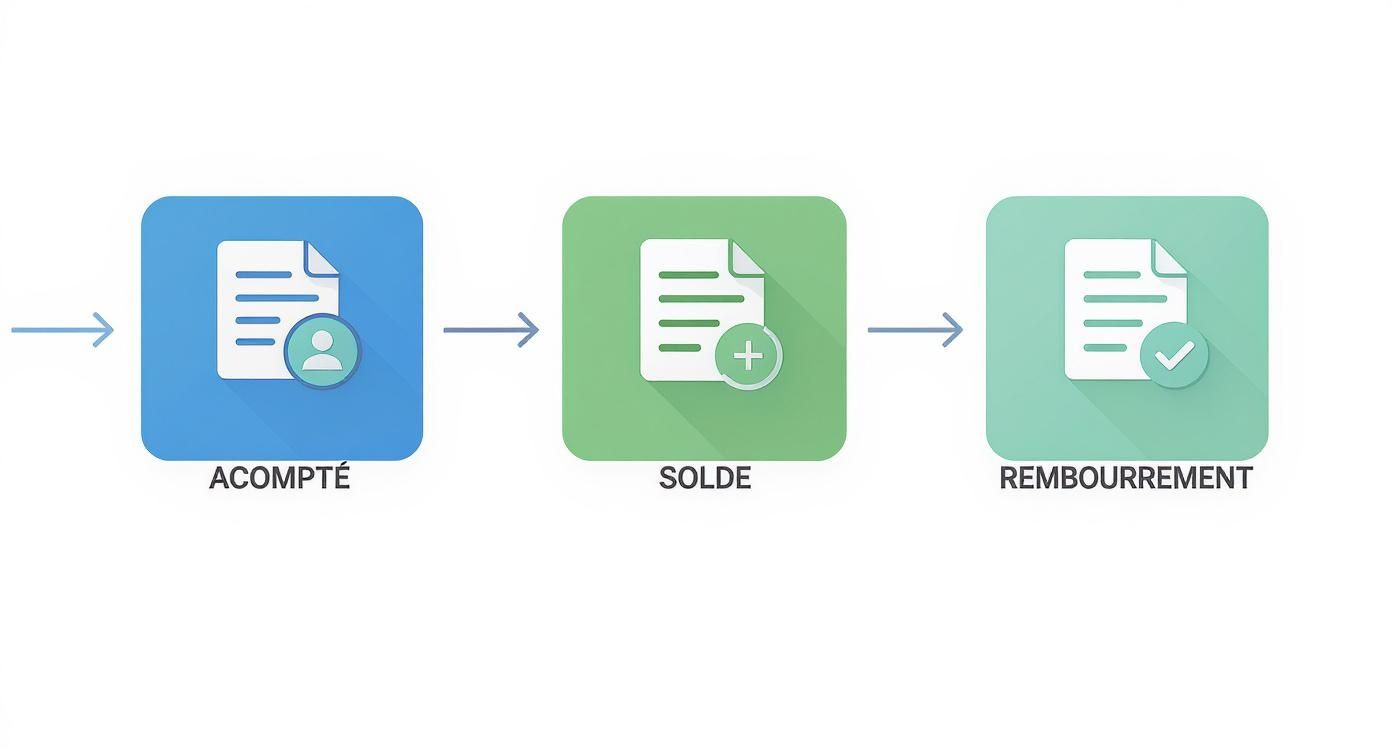 Processus de paiement en trois étapes : création de compte, solde et remboursement illustré par des icônes de documents