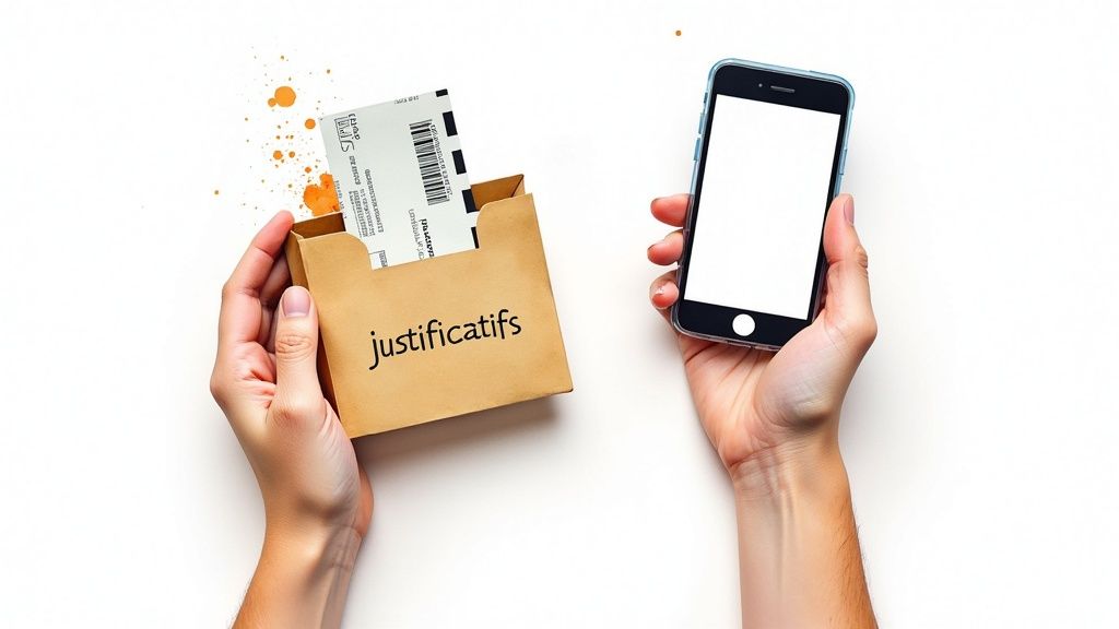Mains tenant un smartphone et un paquet justificatif avec ticket de caisse pour facturation