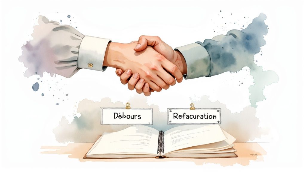 Poignée de main professionnelle symbolisant un accord entre débours et refacturation avec documents ouverts