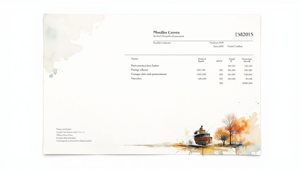 Facture professionnelle artistique avec illustration aquarelle d'un bateau et arbres d'automne pour freelance créatif