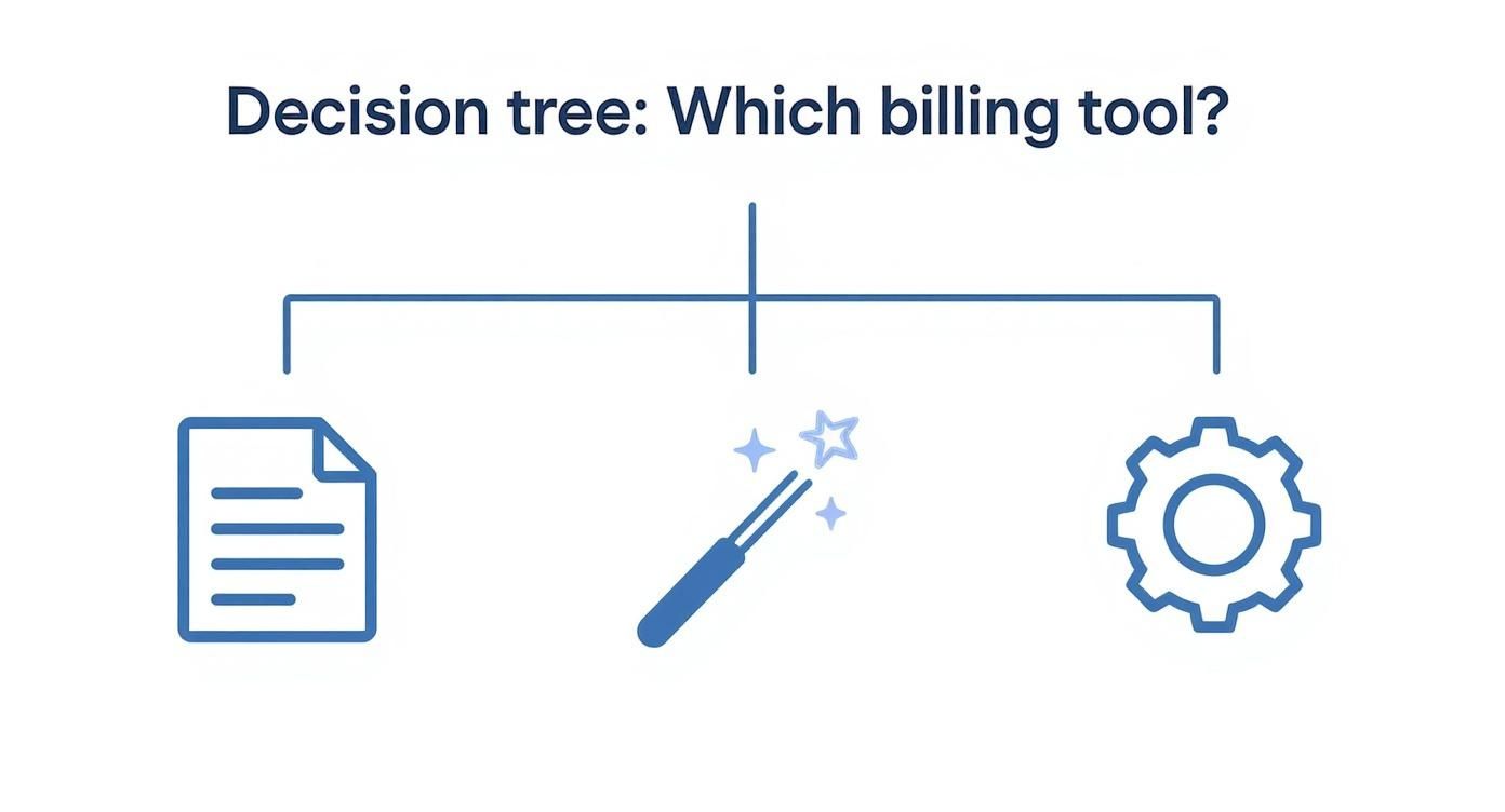 Arbre de décision illustrant trois options pour choisir un outil de facturation adapté aux freelances