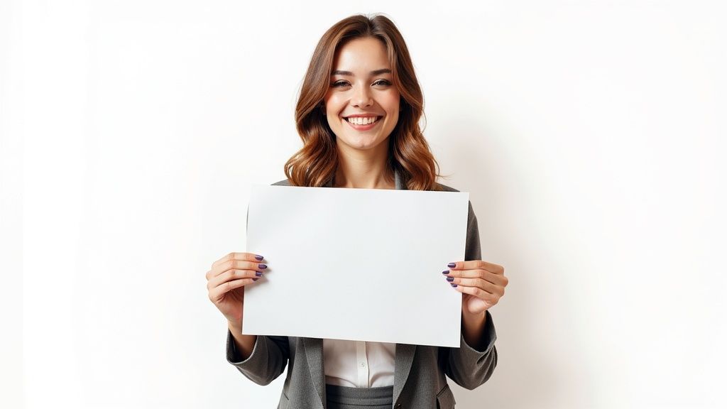 Femme souriante en tenue professionnelle tenant une feuille blanche vierge sur fond blanc