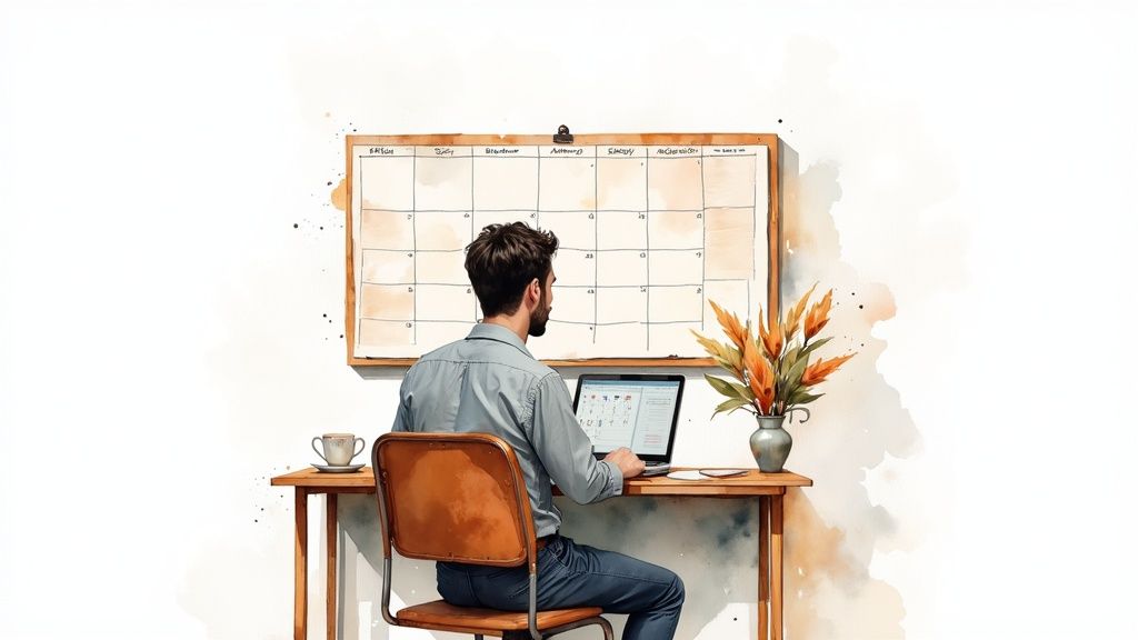 Homme travaillant sur ordinateur portable devant un calendrier mural pour planifier ses activités