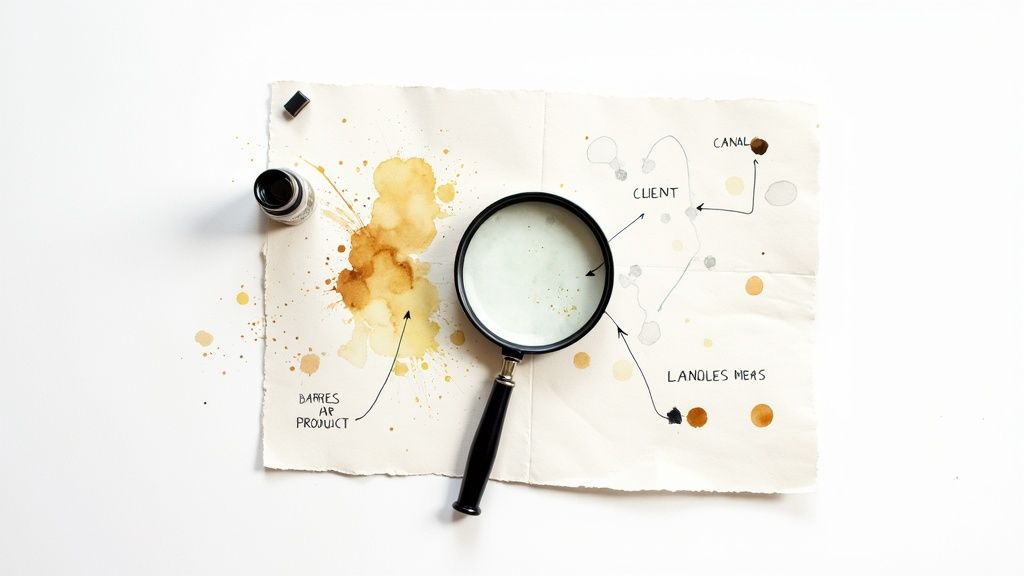 Loupe et diagramme d'affaires illustrant l'analyse des canaux clients et mesures pour calculer le chiffre d'affaires