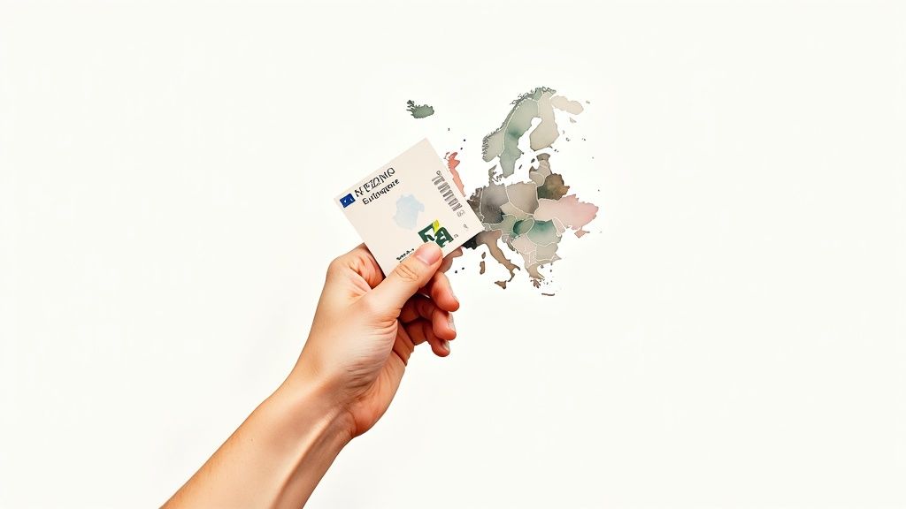 Main tenant une carte européenne devant une carte de l'Europe illustrant les transactions intracommunautaires