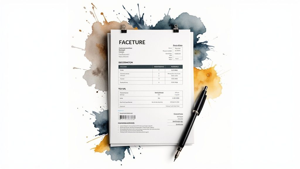 Document intitulé 'FACETURE' avec des taches d'aquarelle de couleur terre et un stylo noir, sur fond blanc.