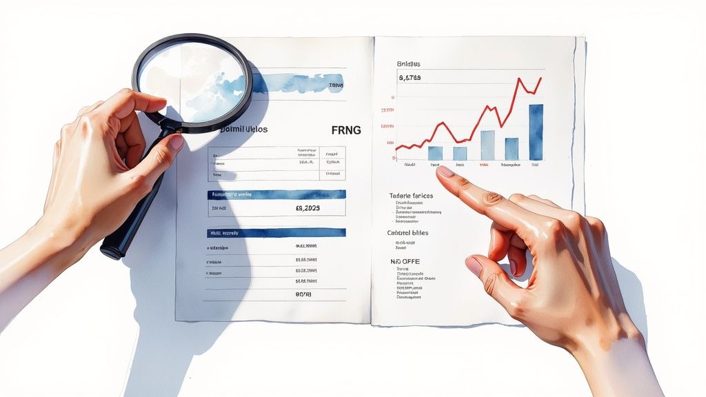 Deux mains examinent un bilan prévisionnel avec une loupe et pointent des graphiques financiers.