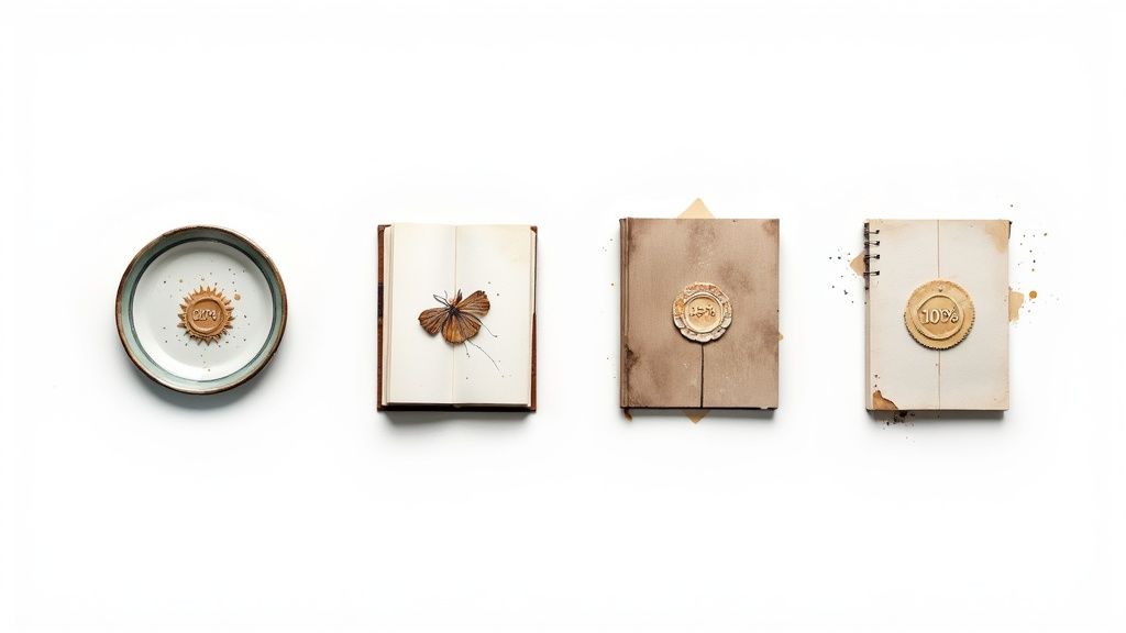 Quatre objets vintage sur fond blanc : une assiette, un livre avec papillon, un livre '15%', et un carnet '10%', tous tachés.