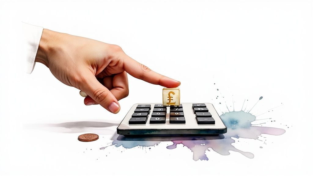 Une main appuie sur une touche 'livre sterling' d'une calculatrice, symbolisant le calcul financier.
