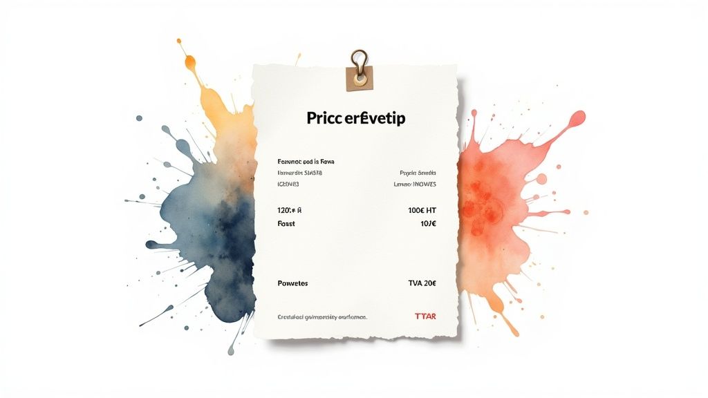 Une feuille de papier déchiquetée avec un clip, affichant un reçu ou une liste de prix, entourée d'éclaboussures d'aquarelle vives.