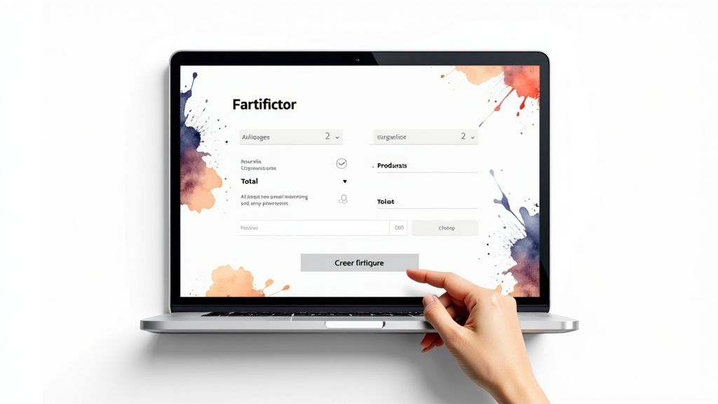 Un ordinateur portable affichant une application de facturation en ligne avec des champs de saisie et une main cliquant sur un bouton.