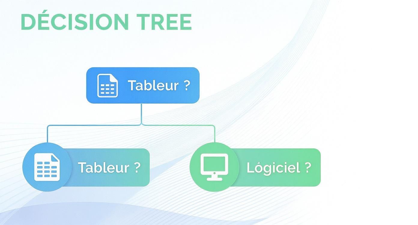 Arbre de décision simple avec la question initiale "Tableur ?", menant à d'autres options de tableur ou logiciel.