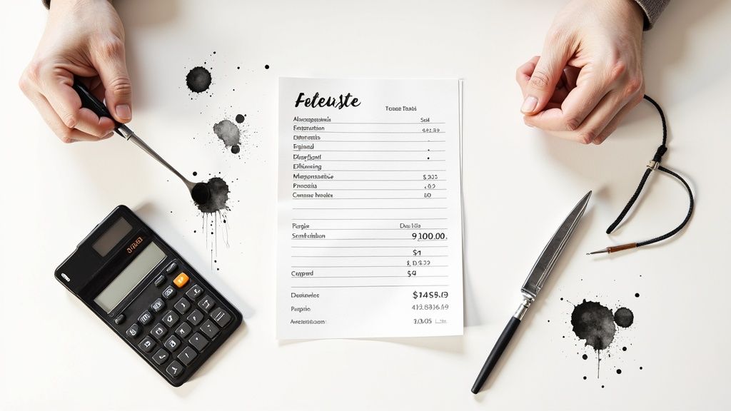 Une vue de dessus d'une personne calculant un solde de facture avec une calculatrice et des encres.