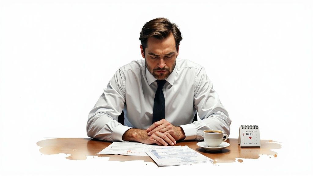 Homme d'affaires stressé devant des documents et un café renversé, un calendrier indique le 21 octobre.
