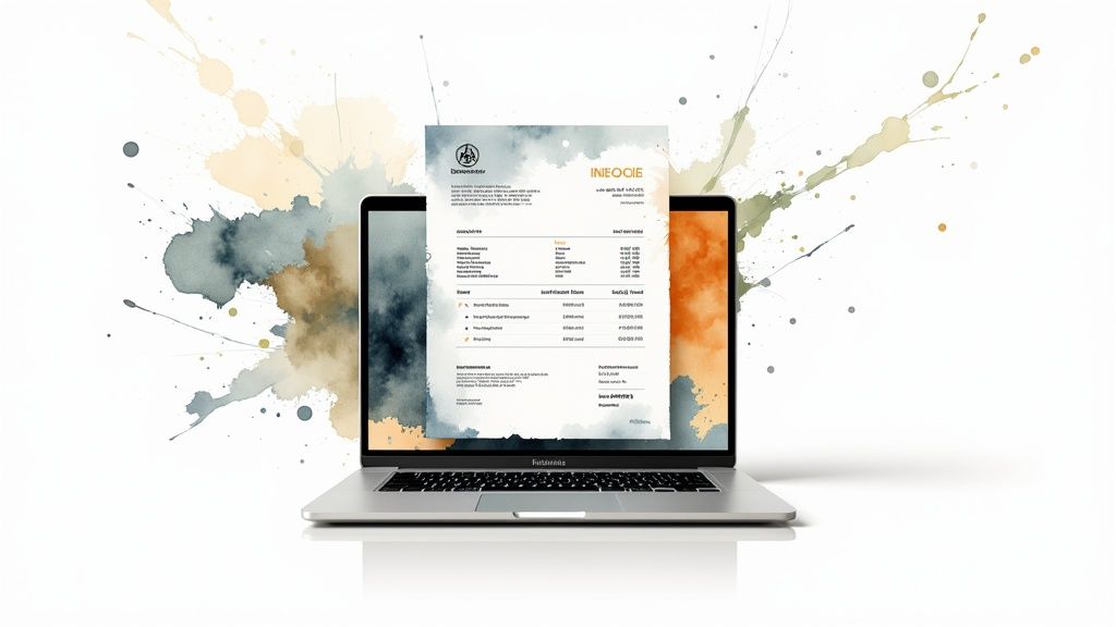 Un ordinateur portable affiche un document de facture vierge avec des éclaboussures d'aquarelle artistiques en arrière-plan.