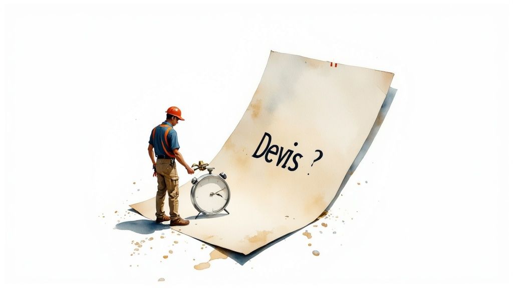 Un ouvrier consulte une horloge à côté d'une feuille géante demandant 'Devis ?', symbolisant le temps et les estimations.