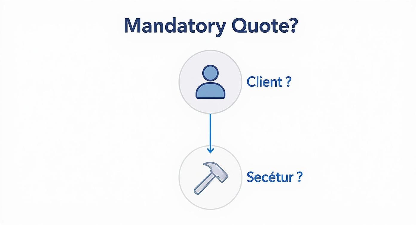 Diagramme questionnant l'obligation d'un devis entre un client et un exécutant (symbolisé par un marteau).