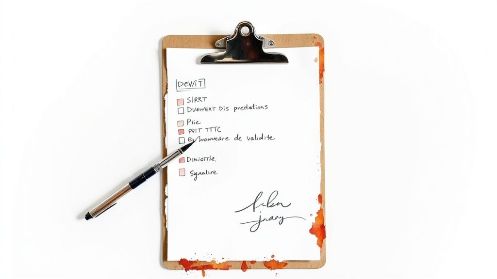 Un presse-papiers avec une liste de contrôle manuscrite en français, un stylo et des taches d'aquarelle.