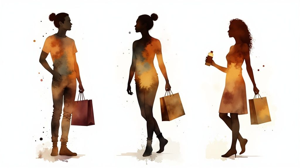 Trois silhouettes stylisées, deux femmes et un homme, avec des sacs de courses et des textures aquarelle vibrantes sur fond blanc.