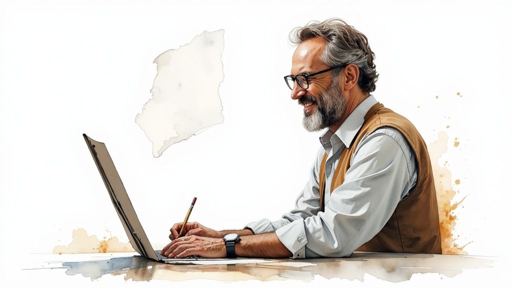 Un homme souriant, barbu et à lunettes, écrit sur un ordinateur portable dans un style aquarelle.