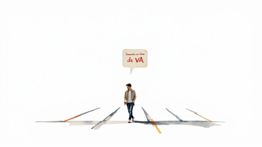 Un homme marche sur un chemin abstrait sous une bulle de dialogue indiquant 'Franchise en base de TVA'.