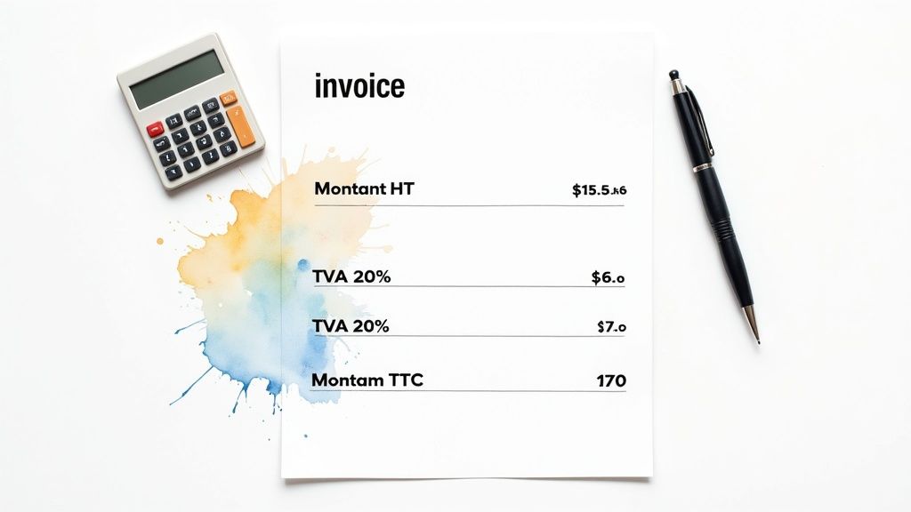 Une facture blanche avec des montants détaillés, une calculatrice et un stylo sur un fond blanc avec une tache d'aquarelle colorée.