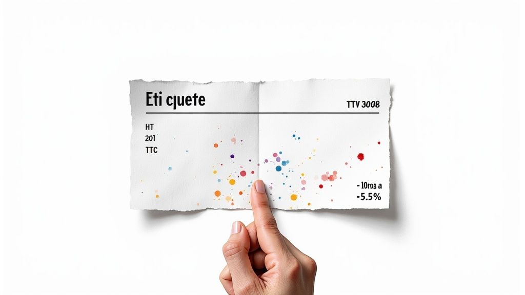 Un doigt pointe sur un papier froissé contenant du texte en noir et des points de couleur vifs sur fond blanc.