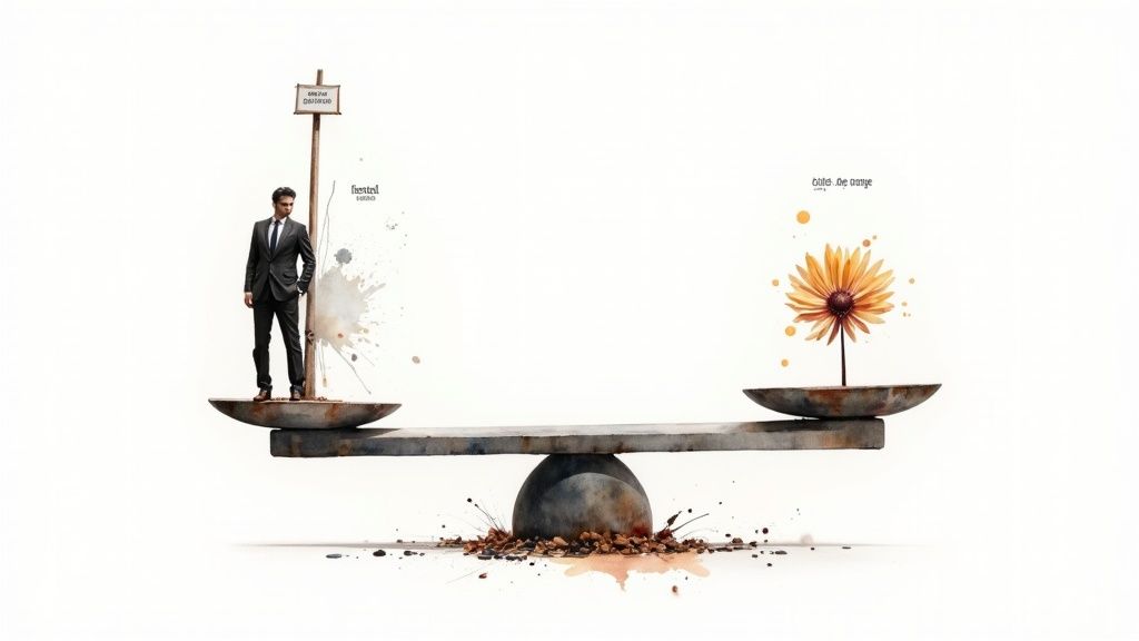 Un homme en costume se tient sur une balance, face à une fleur sur l'autre plateau, symbolisant l'équilibre.