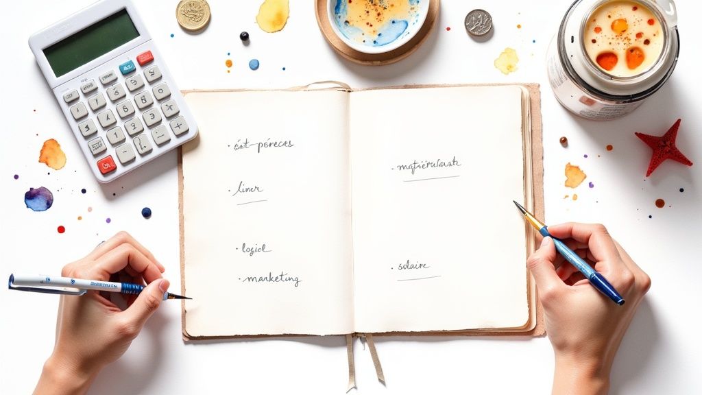 Vue de dessus d'une personne écrivant dans un carnet ouvert, avec calculatrice, café et taches d'aquarelle.