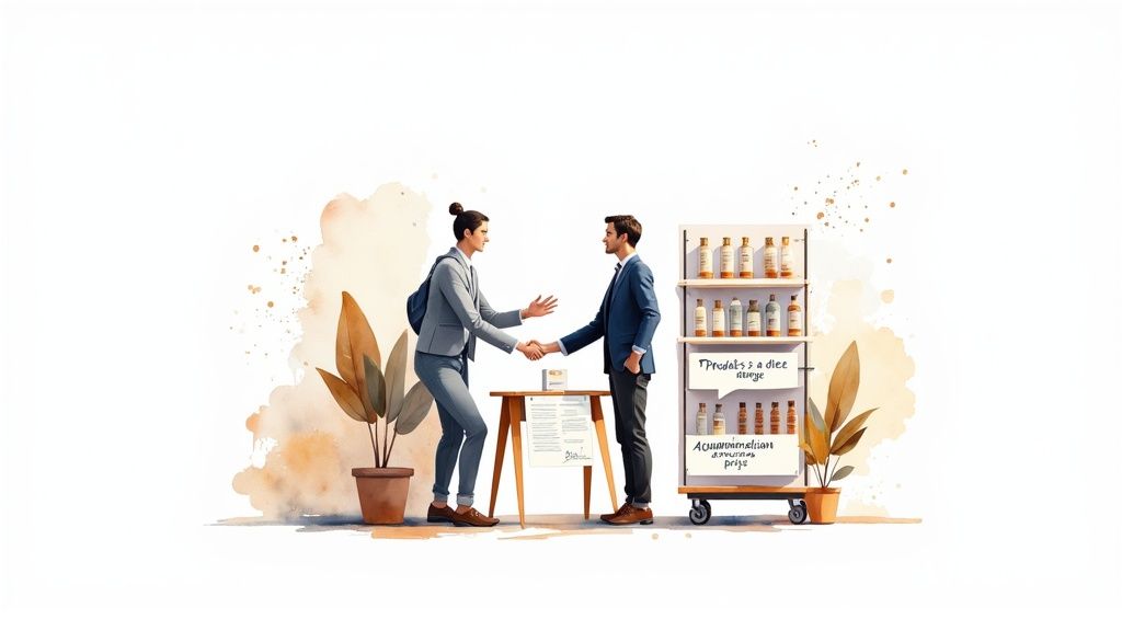 Deux hommes en costume se serrent la main devant un stand de produits et des plantes, sur fond aquarelle.