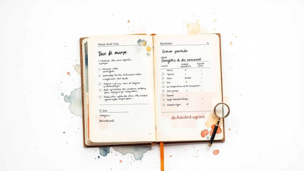 Un carnet ouvert avec des notes manuscrites, des listes de contrôle et des taches d'aquarelle sur fond blanc, avec une loupe.