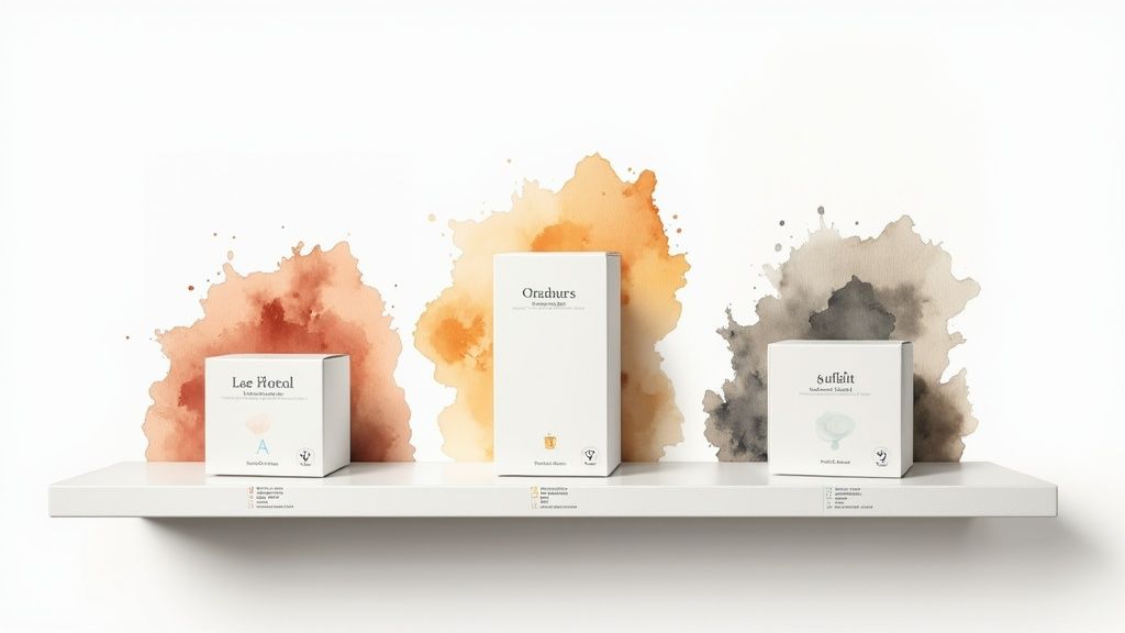 Trois boîtes blanches de produits de beauté ou de bien-être sur une étagère, chacune avec une éclaboussure d'aquarelle colorée en arrière-plan.