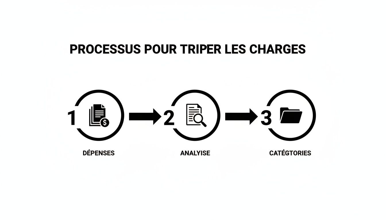 Schéma montrant le processus de tri des charges en trois étapes : dépenses, analyse et catégorisation des coûts.