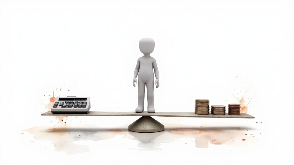 Une balance avec une calculatrice d'un côté, une figurine au centre et des piles de pièces de l'autre.