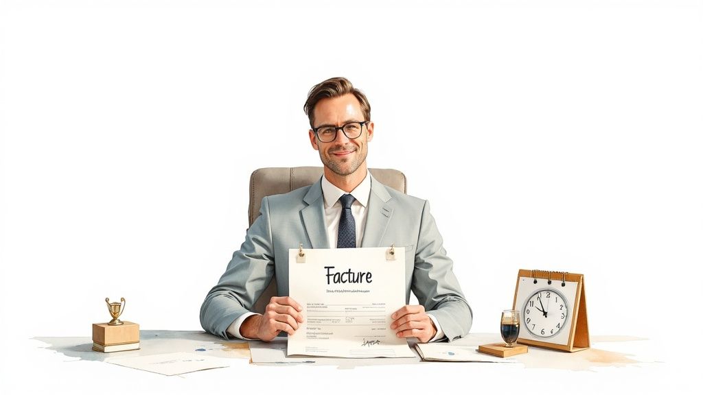 Un homme d'affaires souriant en costume et lunettes présentant une facture à son bureau.