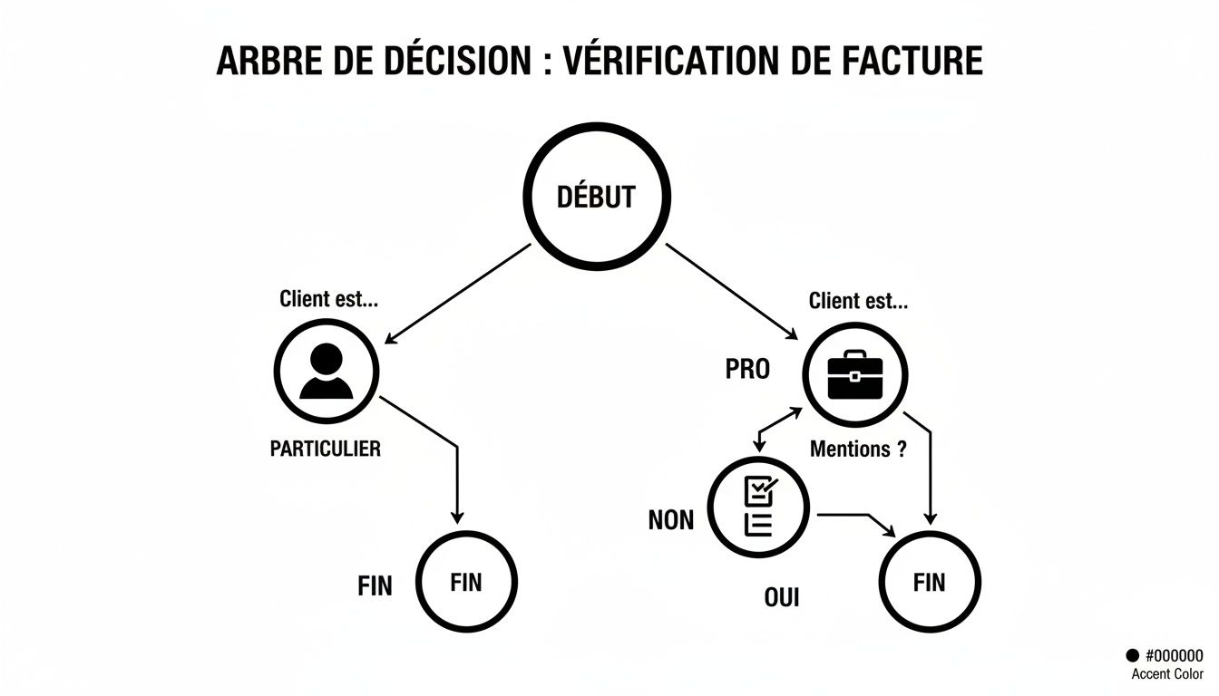 Arbre de décision pour la vérification de facture, distinguant clients particuliers et professionnels, avec une étape de contrôle des mentions.