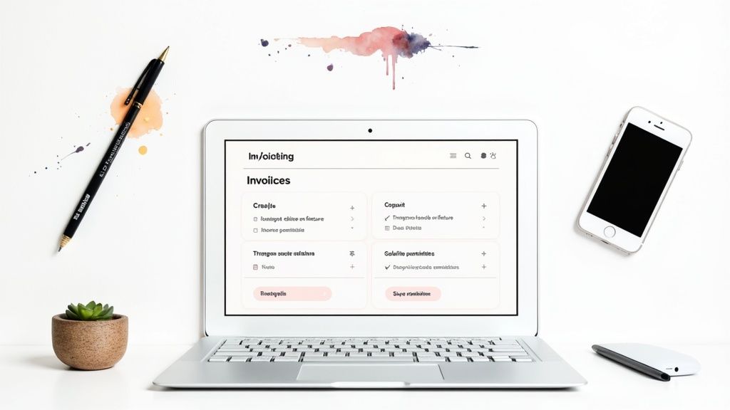 Espace de travail minimaliste vue de dessus avec ordinateur portable affichant une application de facturation, smartphone, stylo et plante.