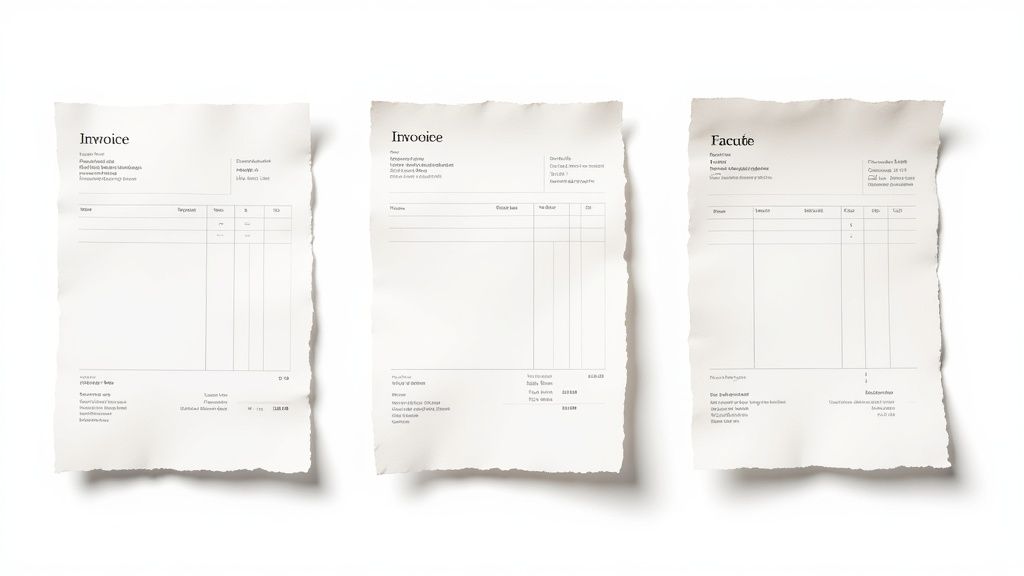 Trois documents papier, ressemblant à des factures ou reçus, posés sur un fond blanc, pour un auto-entrepreneur.