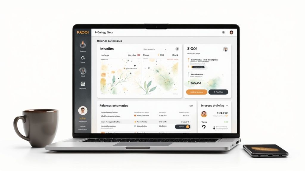 Ordinateur portable affichant un tableau de bord de gestion avec une tasse de café et un smartphone sur un bureau blanc.