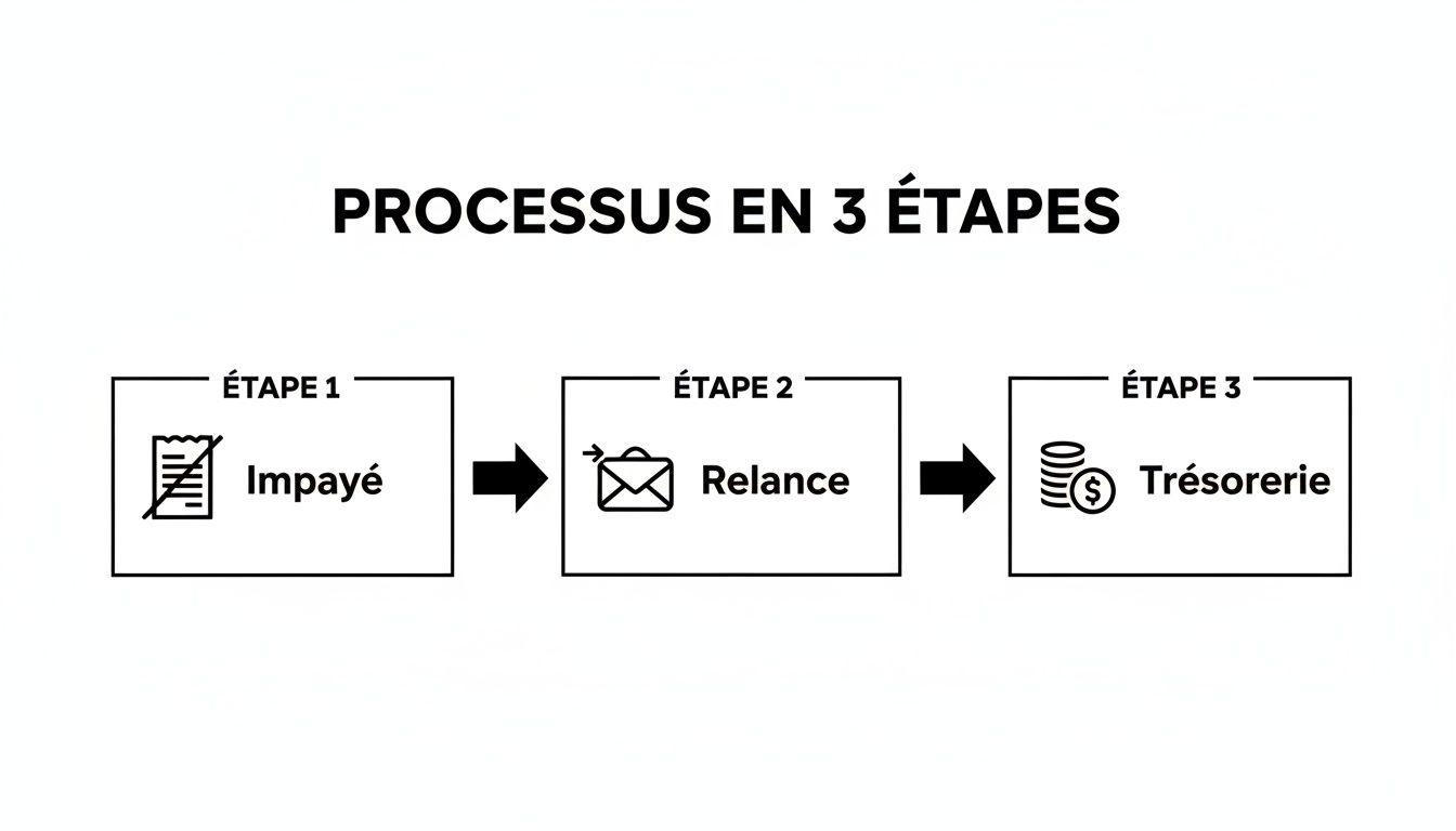 Diagramme illustrant le processus en 3 étapes de gestion des factures impayées : impayé, relance, trésorerie.
